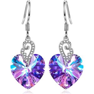 Kate Lynn Angel Wings 925 Sterling Silver Heart Earrings for Women, Packaged with Jewelry Box, Christmas Gift Birthday Gift Anniversary Jewelry Gift for Women, Symbol of Love, Beauty and Guardian(Crystal Purple Light)