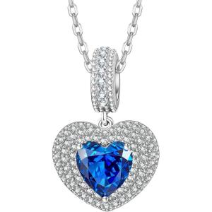 Kate Lynn Eternal Love Heart Necklaces for Women, White Gold Plated Silver/Brass with Ice-flower Zircons, Birthday & Anniversary Jewelry Gifts for Her(Sapphire Blue)