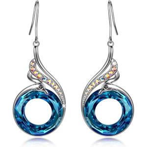 Kate Lynn “Rise From the Ashes” Phoenix Earrings, Sterling Silver Dangle Earrings with Crystals from Austria, Birthday Gift with Jewelry Box, Symbol of Luck and Renewal(Bermuda Blue)