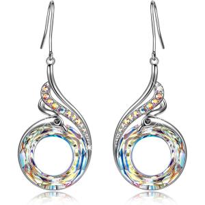 Kate Lynn “Rise From the Ashes” Phoenix Earrings, Sterling Silver Dangle Earrings with Crystals from Austria, Birthday Gift with Jewelry Box, Symbol of Luck and Renewal(Aurore Boreale)