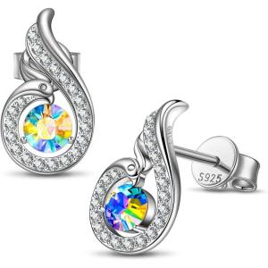 Kate Lynn “Rise From the Ashes” Sterling Silver Phoenix Earrings, Stud Earrings with Crystals from Austria, Packaged with Jewelry Box, Birthday Gifts for Women, Symbol of Luck and Renewal(Aurore Boreale)