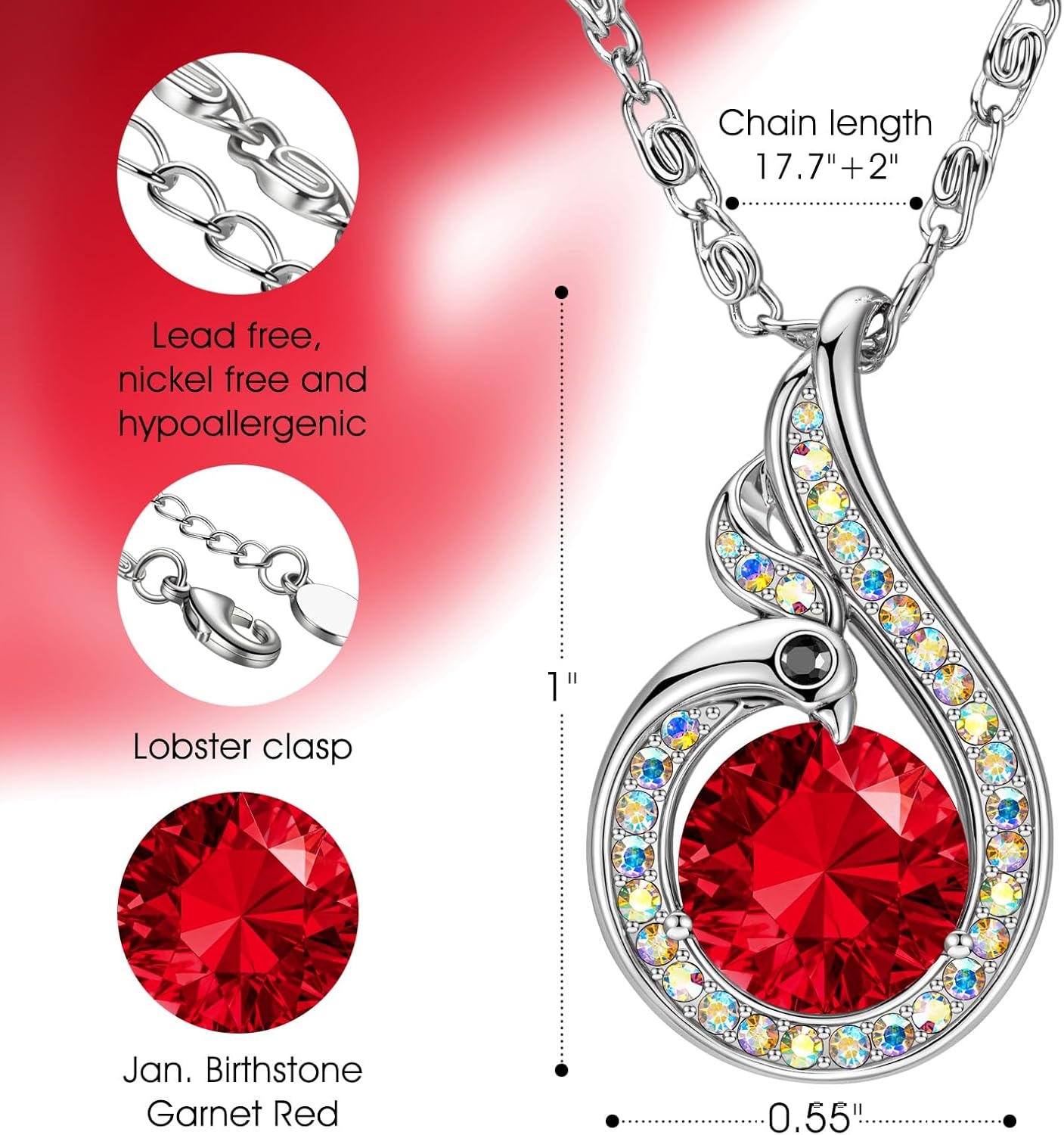 image:imageKate Lynn Birthstone Rise From the Ashes Phoenix Necklaces for Women White Gold Plated amp Crystals from Austria Birthday Gift for Women Symbol of Luck and Renewal01JanGarnet Red