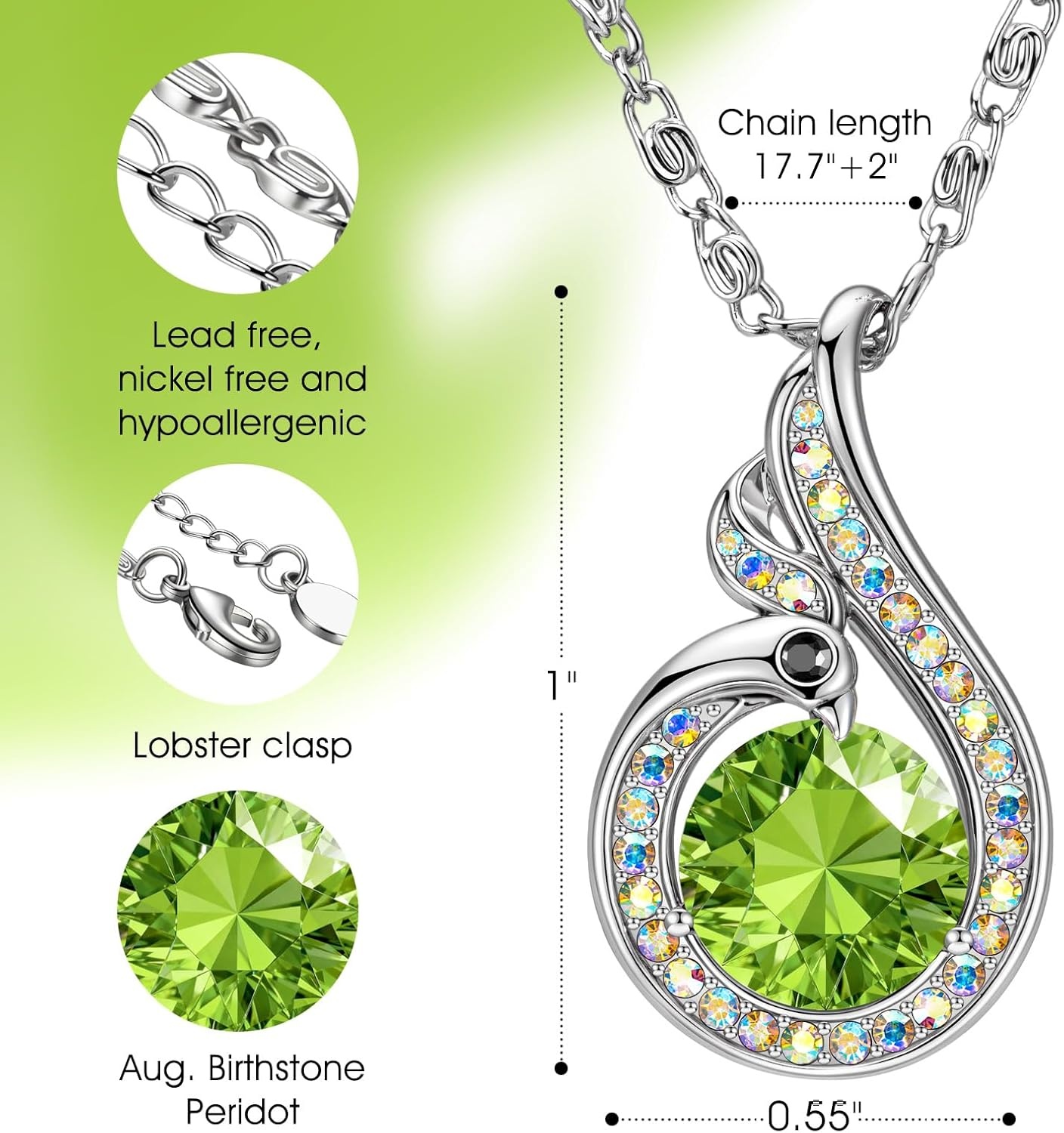 image:imageKate Lynn Birthstone Rise From the Ashes Phoenix Necklaces for Women White Gold Plated amp Crystals from Austria Birthday Gift for Women Symbol of Luck and Renewal08AugPeridot