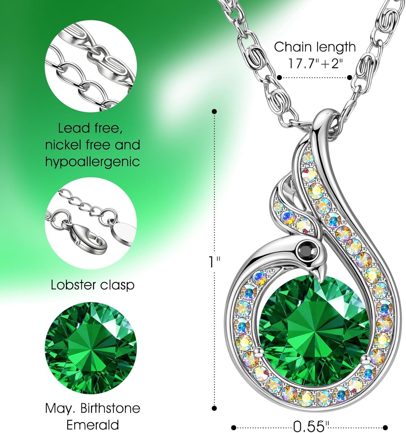 image:imageKate Lynn Birthstone Rise From the Ashes Phoenix Necklaces for Women White Gold Plated amp Crystals from Austria Birthday Gift for Women Symbol of Luck and Renewal05MayEmerald