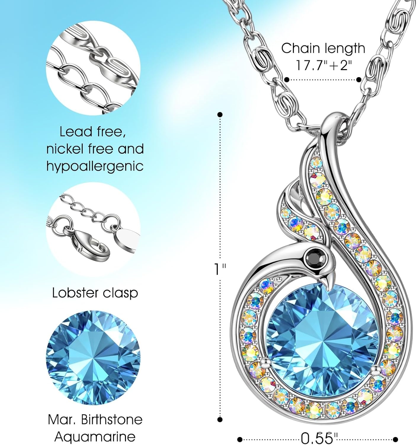 image:imageKate Lynn Birthstone Rise From the Ashes Phoenix Necklaces for Women White Gold Plated amp Crystals from Austria Birthday Gift for Women Symbol of Luck and Renewal03MarAquamarine